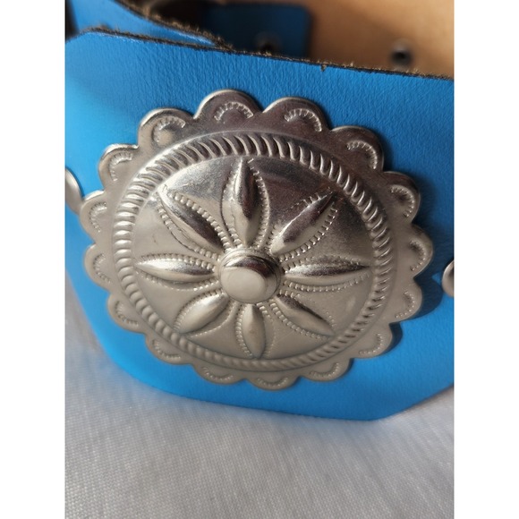 Vtg Blue Leather Octagon Concho Western Boho Hippie Silver Buckle Belt - Picture 11 of 11